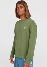 Groene sweatshirt van katoen, met een ronde hals, lange mouwen en een klein cirkelvormig logo op de borst. Soepele textuur, casual pasvorm.