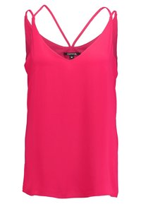 Haut débardeur fuchsia avec col en V, fines bretelles ajustables et tissu lisse et léger. Ourlet net, design minimaliste.