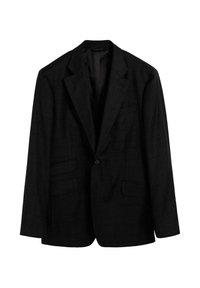 Blazer negro de tejido texturizado, con cuello muesca, cierre de un solo botón y tres bolsillos frontales.