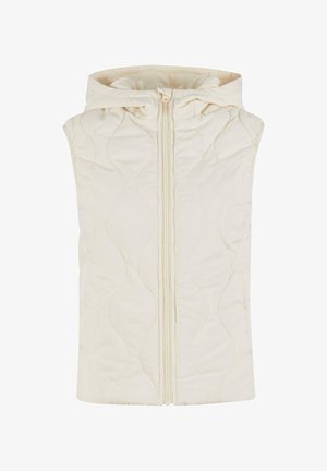 Gepolsterte Weste in Cremefarben, mit Kapuze, Reißverschluss vorne und glatter Textur mit Wellenmustern auf dem Stoff.