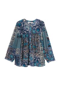 Blouse à manches longues en bleu, vert d'eau et bordeaux avec un motif, col rond et fermeture à boutons. Tissu léger avec des détails plissés.