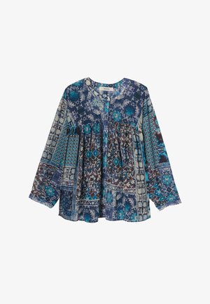 Blouse à manches longues en bleu, vert d'eau et bordeaux avec un motif, col rond et fermeture à boutons. Tissu léger avec des détails plissés.