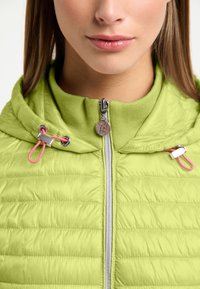 Lime green puffer jacket with a zip closure, elastic hood, and pink drawcord accents. Features quilted texture and metallic hardware.
