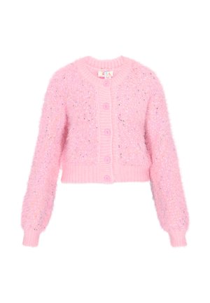 Roze fuzzy gebreid vest met multiculturele spikkels, lange mouwen, geribbelde manchetten en zoom, en vijf roze knopen aan de voorkant.
