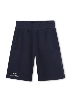 Donkerblauwe korte broek gemaakt van gestructureerde stof, met een tailleband met elastiek, twee zijzakken en een logo op de voorkant.