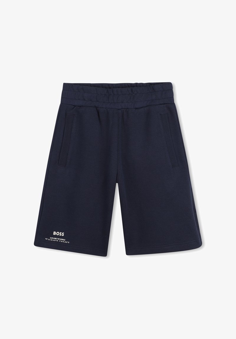 Shorts bleu marine en tissu texturé, dotés d'une ceinture élastique, de deux poches latérales, et d'un logo affiché à l'avant.