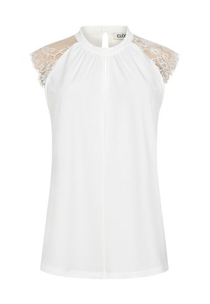 Weiße ärmellose Bluse mit transparenten Spitzen-Cap-Ärmeln und einem runden Ausschnitt mit kleinem Knopfverschluss hinten.