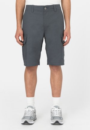 Grå cargo shorts med sidelommer, knaplukning og bæltestropper. Fremstillet af et struktureret stof, knælængde med lige snit.