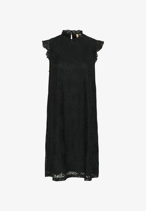 Mustaga pitsiga kleit kõrge kaeluse, lühikeste volangkäiste ja lillemustriga. Alläär on kaunistatud keerukate lõigatud detailidega.