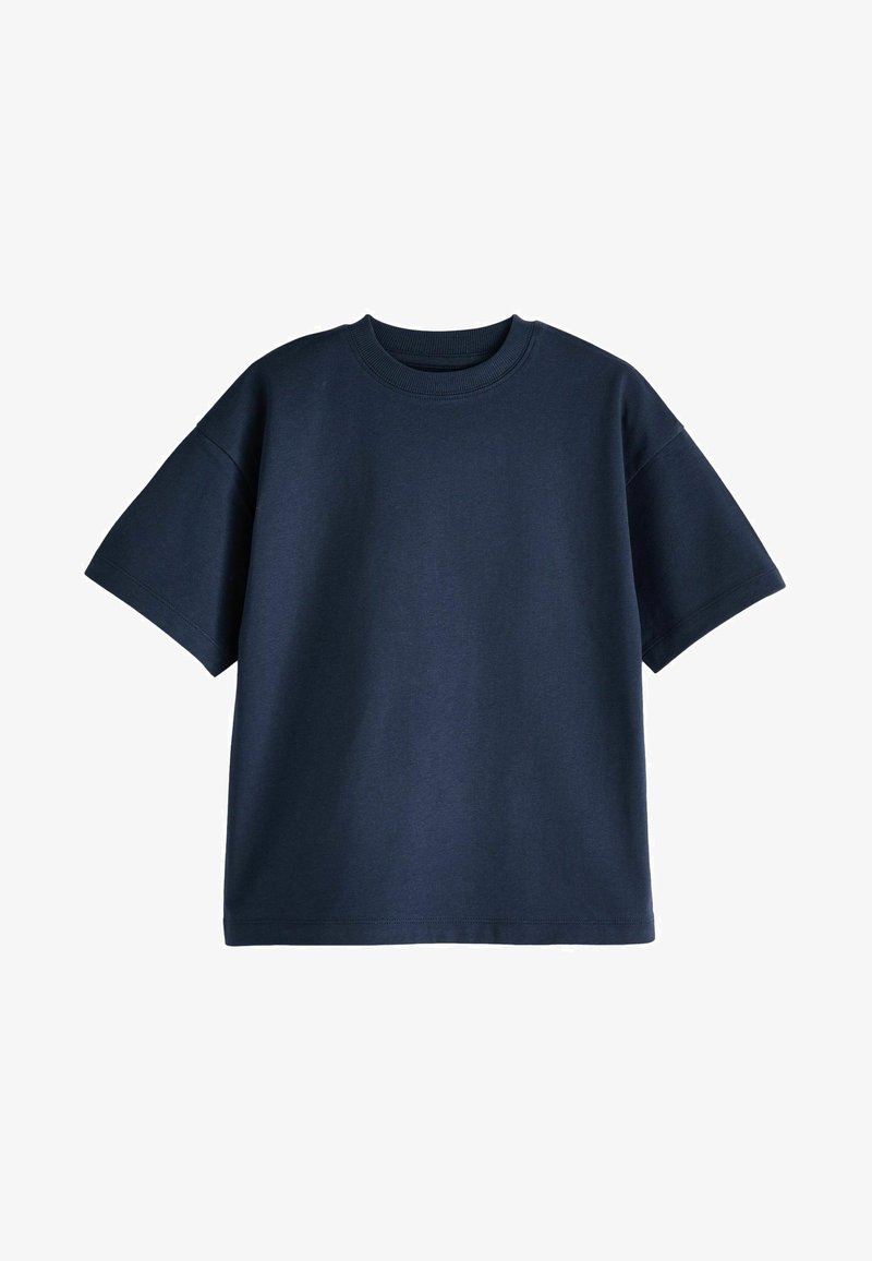 Tricou bleumarin cu mânecă scurtă, fabricat din bumbac. Are un guler rotund, o croială lejeră și o textură netedă, fără modele sau logo-uri vizibile.
