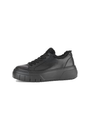 Black leather sneaker with fuzzy inner lining, chunky sole, round toe, and lace-up front. Features textured accents on the upper.