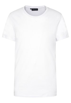 T-shirt en coton blanc, à manches courtes, col rond, design uni, texture douce, coupe droite, taille standard, sans motifs ni accents visibles.