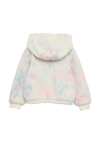 Fleece-Hoodie in Pastellfarben mit einem Batikmuster. Verfügt über eine Kapuze, eine weiche Textur sowie gerippte Bündchen und Saum. Rückansicht sichtbar.