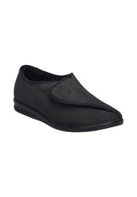 Pantofole in tessuto morbido nero con design superiore curvo, stile slip-on e suola in gomma sagomata per il comfort. Accentuate da una linguetta piegata.