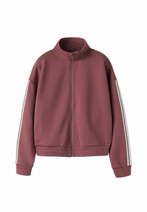Veste mauve zippée avec col haut et bandes blanches courant le long des deux manches, poignets et ourlet élastiques.