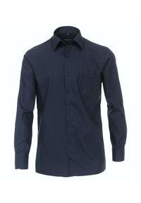 Marineblauwe langjarige shirt met een button-down kraag, voorkante zak en knoopsluiting. Gemaakt van gladde stof met een subtiele textuur.