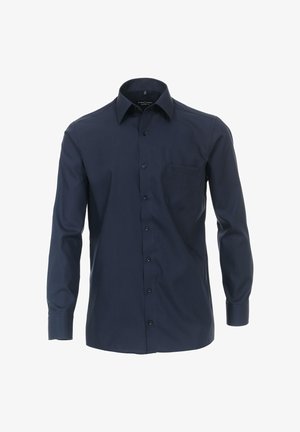 Marineblauwe langjarige shirt met een button-down kraag, voorkante zak en knoopsluiting. Gemaakt van gladde stof met een subtiele textuur.