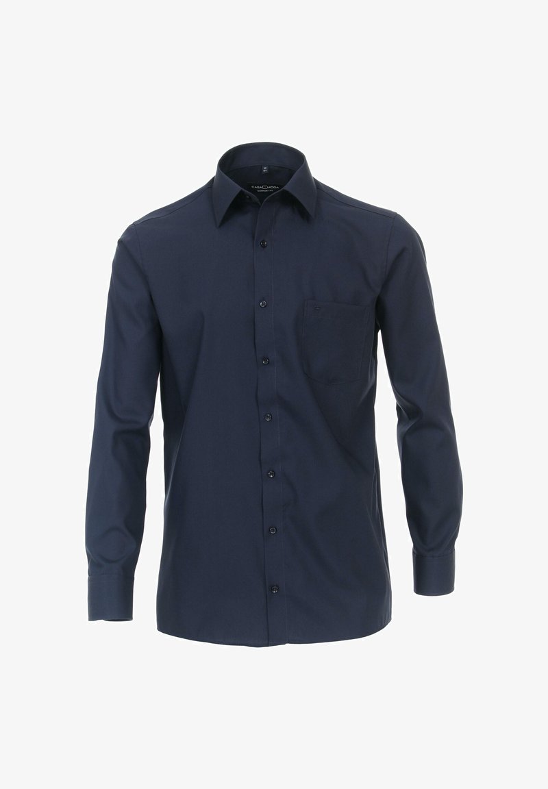 Marineblauwe langjarige shirt met een button-down kraag, voorkante zak en knoopsluiting. Gemaakt van gladde stof met een subtiele textuur.