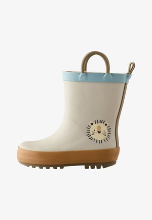 Bézs gyermek esőcsizma barna talppal, világoskék szegéllyel, hordozóhurkokkal és egy kis oroszlánarc grafikával az oldalán.