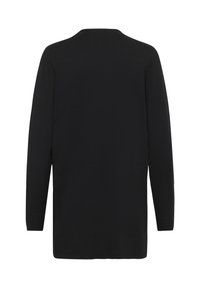 Garš melns adīts džemperis ar garām piedurknēm, ribotām aprocēm un ribotu apakšmalu, redzams no aizmugures uz balta fona.