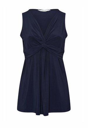 Haut sans manches bleu marine avec col en V, détail de nœud torsadé à l'avant et tissu doux drapé s'étendant sous la taille.