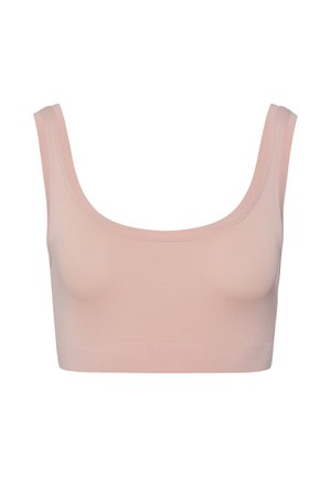 Jasnoróżowy top braletowy z szerokimi ramiączkami, dekoltem w kształcie łodzi, gładką fakturą i bez fiszbin, zaprojektowany z myślą o komforcie i łatwości noszenia.