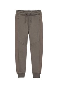 Grå sweatpants med elastiskt midjeband, dragsnöre, sidfickor och texturerade sidopaneler. Slät tyg med ribbade muddar vid anklarna.