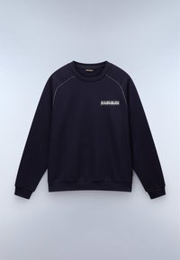 Felpa navy realizzata in tessuto morbido, con colletto a girocollo, maniche lunghe raglan e un logo bianco nella parte sinistra del petto.