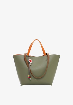 Vihreä nahkainen olkalaukku oransseilla kahvoilla, jossa on sydämen ja värikkäiden helmien koristelukuva. Sileä pinta, tilava muoto, minimalistinen muotoilu.