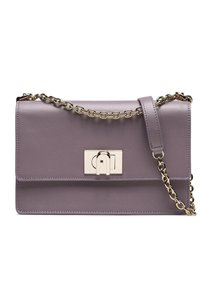 Purple leather handbag featuring a gold-tone chain strap and a rectangular clasp. Smooth texture with a structured design and flap closure.