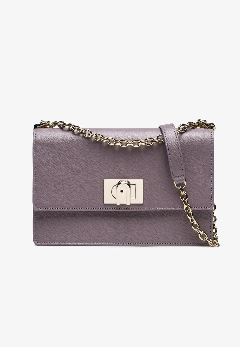 Purple leather handbag featuring a gold-tone chain strap and a rectangular clasp. Smooth texture with a structured design and flap closure.