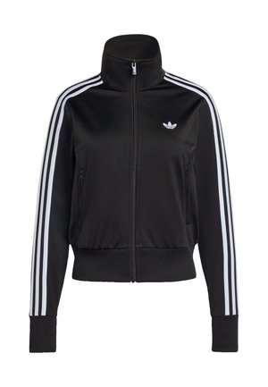 Fekete cipzáros tréningdzseki sima anyagból. Fehér háromsávos mintázattal a ujjakon és egy kis logó a mellrészen.