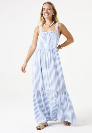 Robe maxi rayée bleue et blanche avec décolleté carré, bretelles ajustables, taille froncée et ourlet à volants en plusieurs niveaux. Tissu léger.