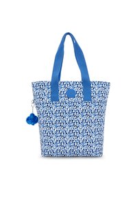 Blå mønstret totebag med bladdesign, stofmateriale, dobbelte håndtag, knapdetalje øverst og en blå pom-pom charm hæftet på.