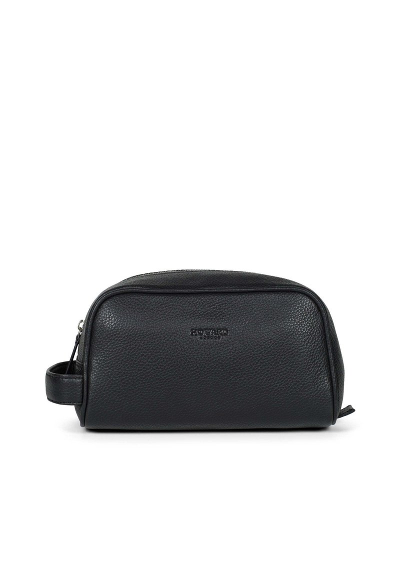 Borsa da toeletta nera in pelle con finitura testurizzata, design arrotondato, chiusura con zip e manico laterale per un facile trasporto.