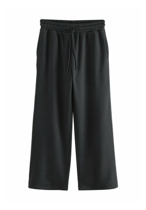 Crne, lagane hlače na navlaku s elastičnim pojasom, detaljem u obliku vezice i širokim nogavicama, izrađene od glatkog, prozračnog materijala.
