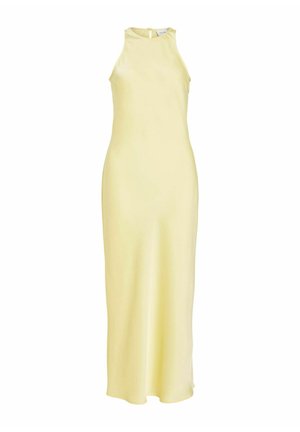 Ärmelloses Midi-Kleid aus pastellgelbem Satin mit hohem Rundhalsausschnitt und Knopfverschluss mit Schlüsselloch am Rücken.