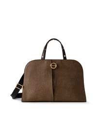 Brown textured handbag with rounded edges, black handles with gold studs, and a gold circular clasp in the center, plus an adjustable black shoulder strap.