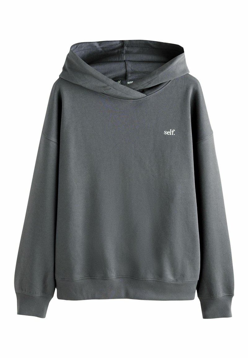 Sweatshirt à capuche gris en mélange de coton doux, avec une coupe ample, des poignets côtelés et un petit logo brodé sur la poitrine.
