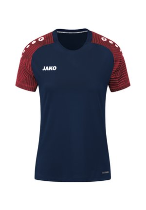 Maglietta a maniche corte con corpo blu navy e maniche a fantasia rossa, colletto tondo e logo "JAKO" bianco sul davanti.