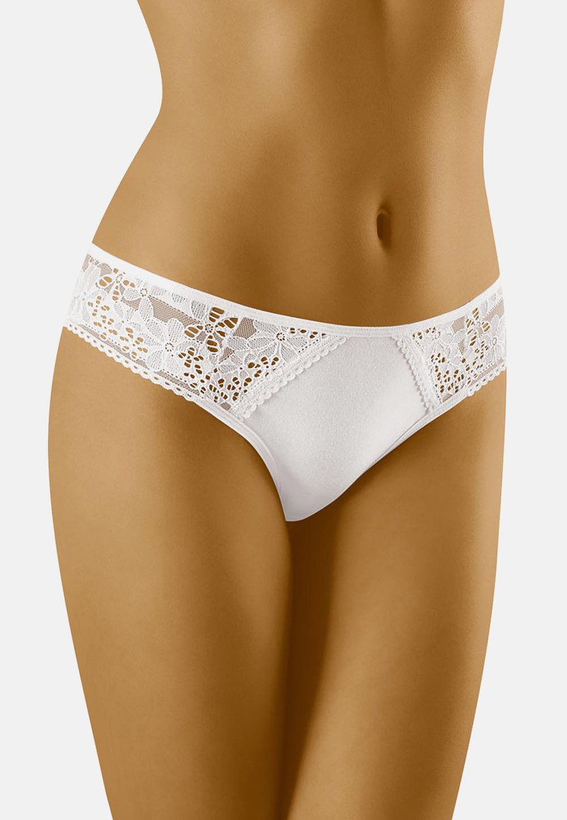 White brief featuring a floral lace waistband and a smooth, opaque body. The lace has intricate patterns, providing a delicate accent.