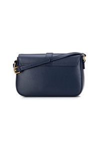 Marineblaue Leder-Umhängetasche mit verstellbarem Riemen und goldenen Schnallen, rechteckige Form mit abgerundeten Ecken.