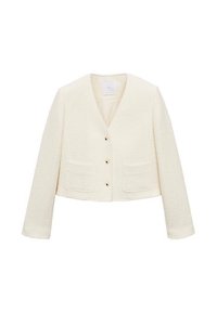 Cream-colored cropped jacket with a textured fabric, V-neckline, three gold buttons, and two front pockets.