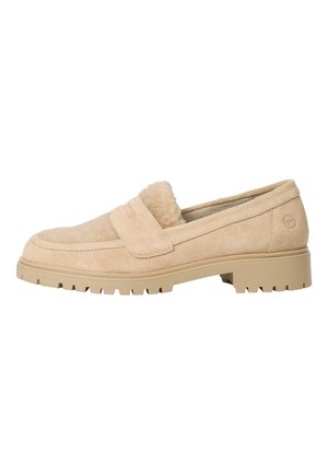Beige Wildleder-Lederschuhe mit einer flauschigen Zunge, strukturiertem Obermaterial und einer dicken, profilierten Gummisohle für Grip und Komfort.
