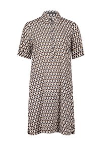 Dámské šaty s krátkým rukávem v geometrickém vzoru, který obsahuje námořnickou modrou, krémovou a béžovou barvu. Šaty mají zapínání na knoflíky a límečkový výstřih.