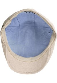 Beige pet met een texturele, geweven buitenkant; blauw-wit geruite voering; gebogen rand; zachte stof.