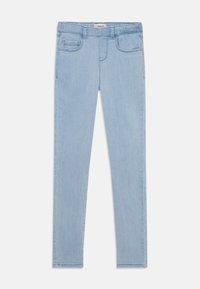 Világoskék, slim fit farmerek, denim anyagból készült. Két elülső zsebből és kényelmes rugalmas derékból áll.