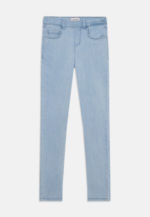 Jeans bleu clair à coupe slim, fabriqués en denim. Dotés de deux poches avant et d'une taille élastiquée pour plus de confort.