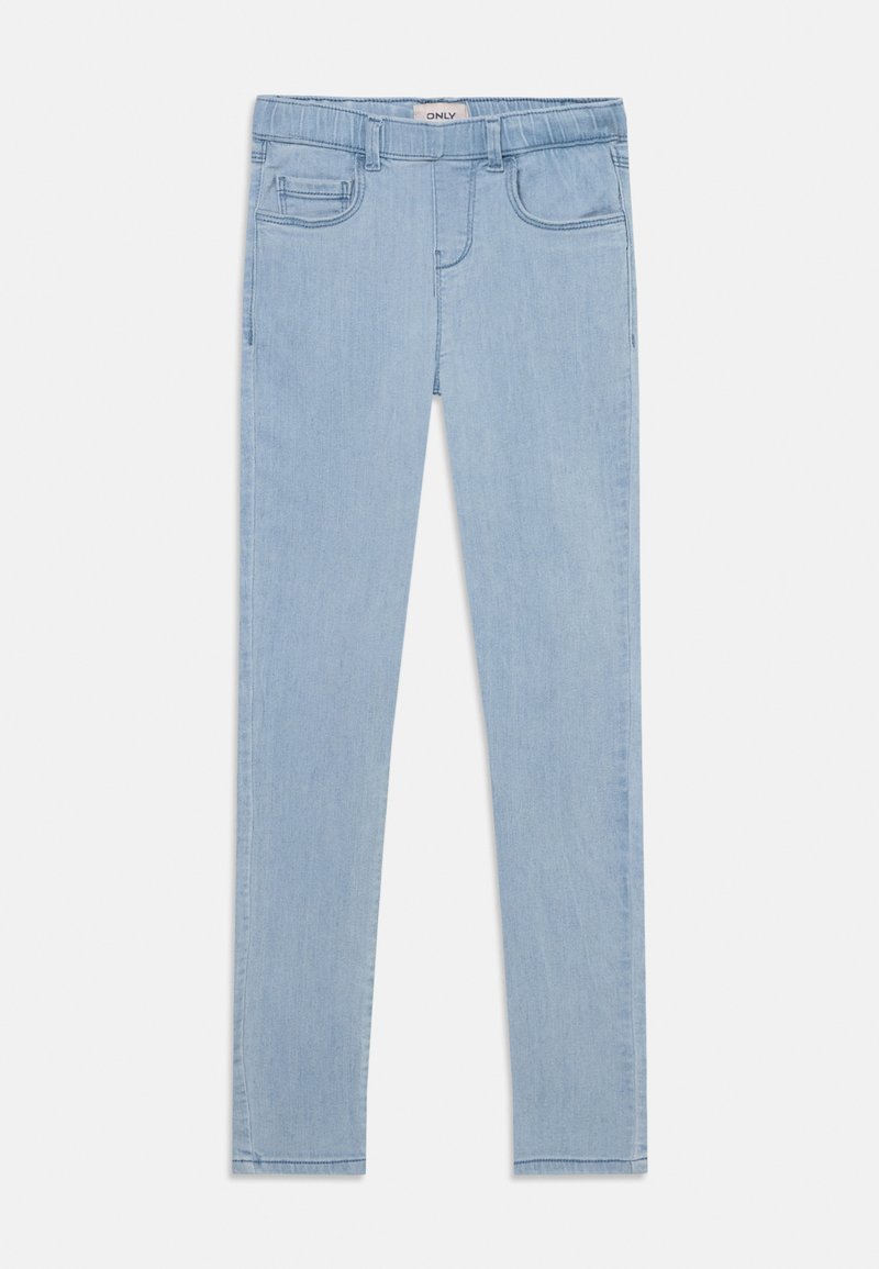 Gaiši zili džinsi ar šauru piegriezumu, izgatavoti no denima. Iezīmē divas priekšpuses kabatas un elastīgu jostu ērtībām.