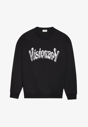 Schwarzer Kapuzenpullover mit einem großen "Visionary"-Grafik in unregelmäßiger weißer Schrift. Schlichtes rundes Halsbündchen und lange Ärmel mit gerippten Bündchen.